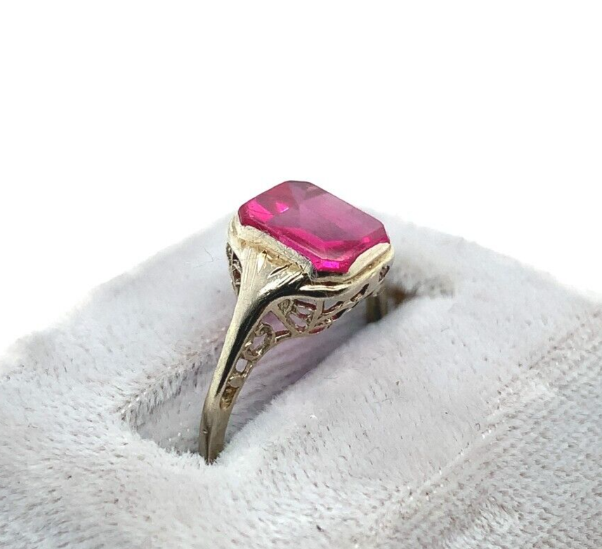 14k White Gold Filigree Ring with Synthetic Lab-Created Ruby