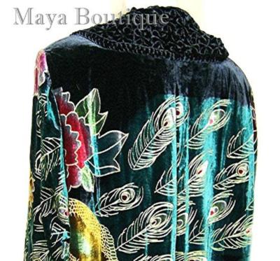 Pre-owned Maya Matazaro Opera Coat Duster Wearable Art Silk Velvet Peacock Black Long Lined 1x Maya