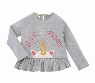 Mud Pie Dream in Glitter Gray Believe in Unicorns Ruffle Tee  12-18 Months