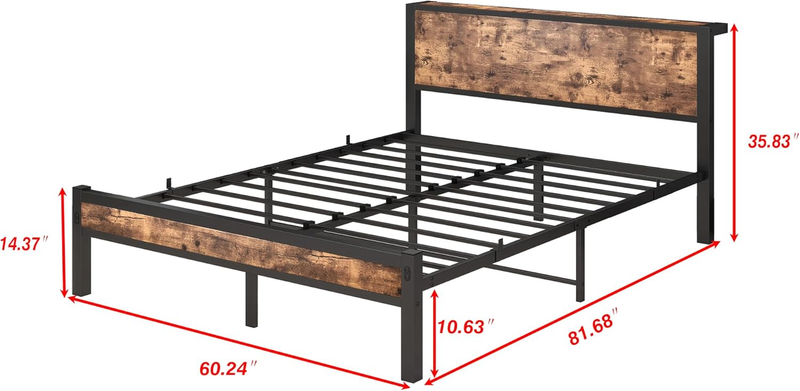 Queen Bed Frame with Wood Storage Headboard, Metal Platform Bed Frame Queen Size