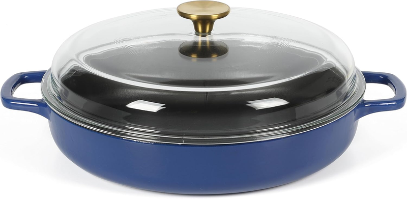 Kitchen Essentials 3.75 Quart Enamel Cast Iron All in One Multi-Purpose Non-Toxic Nonstick Braiser Pan W/Borosilicate Glass Lid - Blue