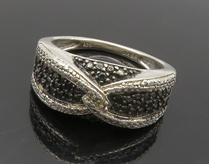 925 Sterling Silver - Genuine Black & White Diamonds Band Ring Sz 7 - Rg16507