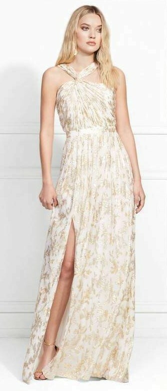 Pre-owned Rachel Zoe Bella Ecru Metallic Fil Coupe Twist Halter Dress Gown $625 12 In Multicolor