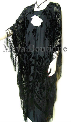 Pre-owned Maya Matazaro Caftan Duster Fringe Jacket Kimono Opera Coat Black Burnout Velvet