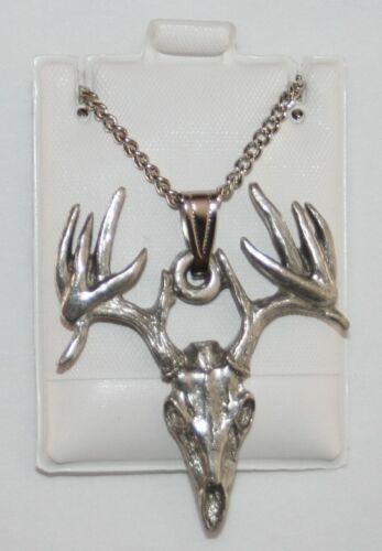 Buck Skull Deer Harris Fine Pewter Pendant w Chain Necklace USA Made