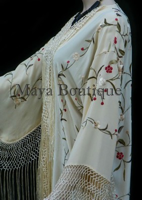 Pre-owned Maya Matazaro Silk Embroidered Fringe Kimono Flapper Jacket Vanilla  Usa Made In White