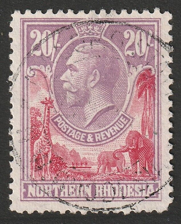 Northern Rhodesia 1925-9 20/- TOP VALUE SG 17 VFU KALOMO STATION