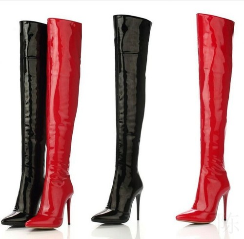 Occident Women Patent Leather Over Knee Thigh High Boots Red Black Big Size35-48