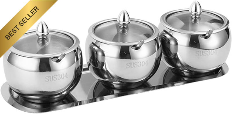 Stainless Steel Spice Containers Set with Glass Lids and Spoons, 3 Grids Condime