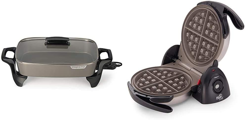Presto Electric Skillet, 16", Grey Ceramic & 03510 Ceramic Flipside Belgian Waff