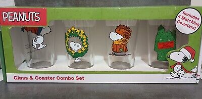 Collectible Peanuts Snoopy Christmas Holiday Glass And Coaster Combo Set New