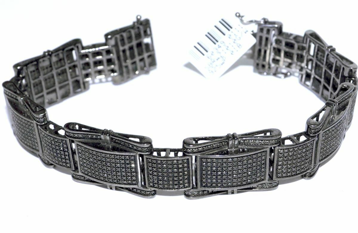 Pre-owned Online0369 3.8ct Black Simulated Diamon Mens Wide Link Bracelet Black Rhodium Plated Silver