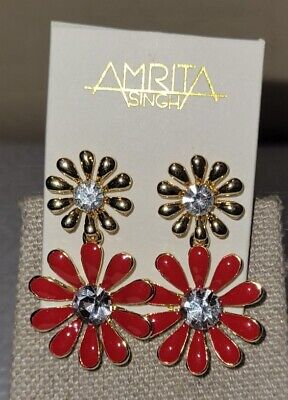 Amrita Singh Earrings 7019 Red Gold Crystal Floral Design Fashion Jewelry NWT