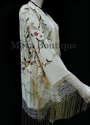Pre-owned Maya Matazaro Silk Embroidered Fringe Kimono Flapper Jacket Vanilla  Usa Made In White