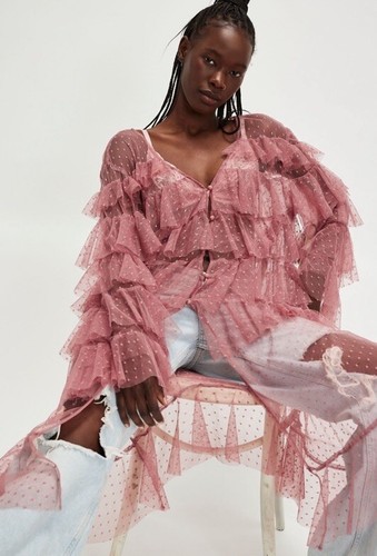 Free People Take Me Out Sheer Tiered Ruffles Swiss Dots Kimono OS