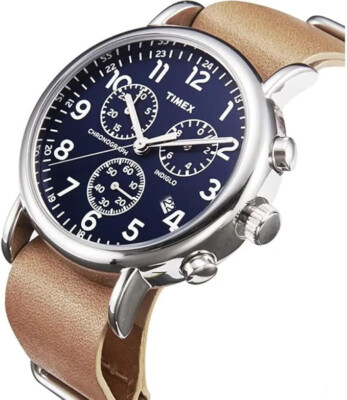 Timex Men's Weekender Chronograph Indiglo 40MM Case Blue Dial Tan Band Watch