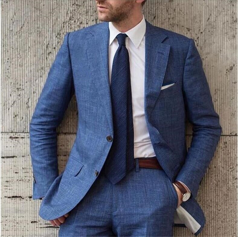 Men Summer Linen Suit 2 Piece Beach Grooms Bestmen Wedding Blazer+Pants 42r 44r