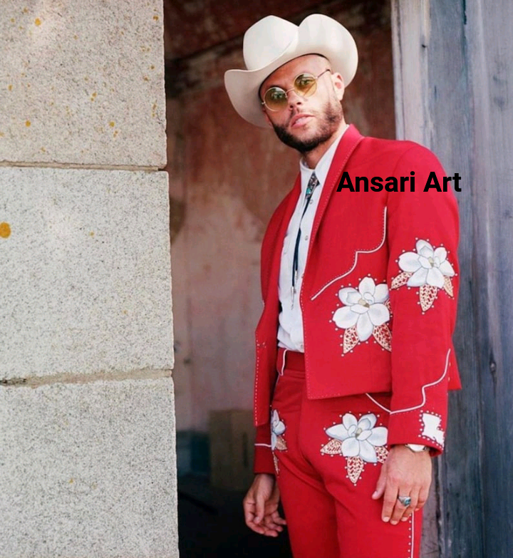 Pre-owned Art Men's Bespoke Red 2pc Country Western Suit Floral Embroidered Cocktail Attire