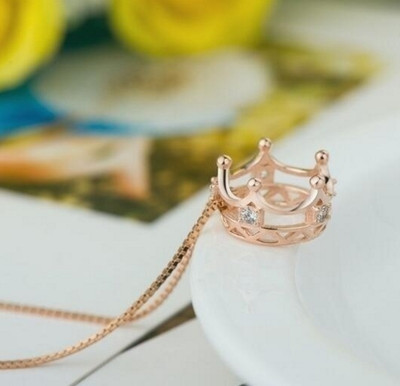 Pave Cubic Zirconia Rose Gold Royal Crown Party Pendant Necklace 