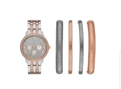 Rose Gold & Silver Glitz Ladies Watch and Stackable Bracelet Set -Clearance Sale