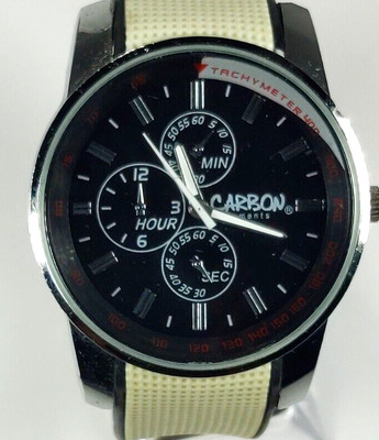 CARBON ELEMENTS MEN'S LARGE WATCH TACHYMETER BACK FACE CREAM VINYL BAND; WORKS!