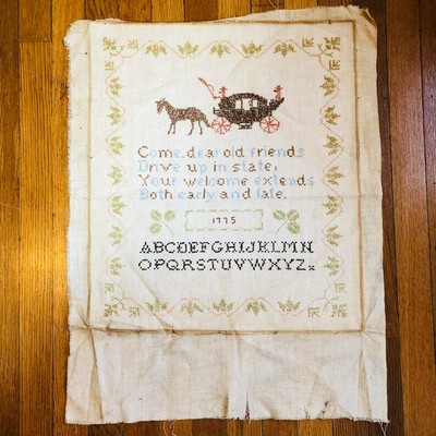 Vintage Antique Alphabet Cross Stitch Embroidery Handmade 24''x19'' Horse Coach