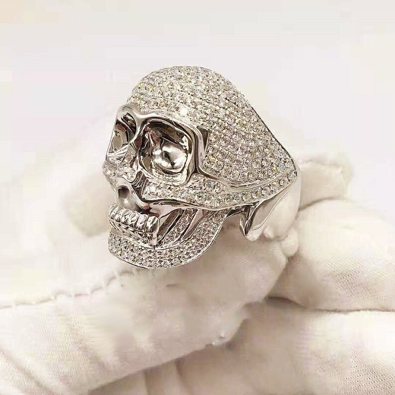 Pre-owned Online0369 Mens Skull Halloween Theme Ring 2ct Cubic Zirconia White Gold Plated Silver