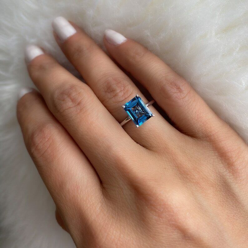 1.26 Ct Emerald Cut Simulated London Blue Topaz Ring 925 Silver Gold Plated