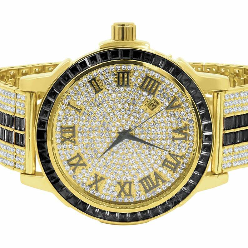Pre-owned Ice House Black Onyx Roman Numeral Dial Gold Tone Simulate Diamond Solid Steel Bezel Watch