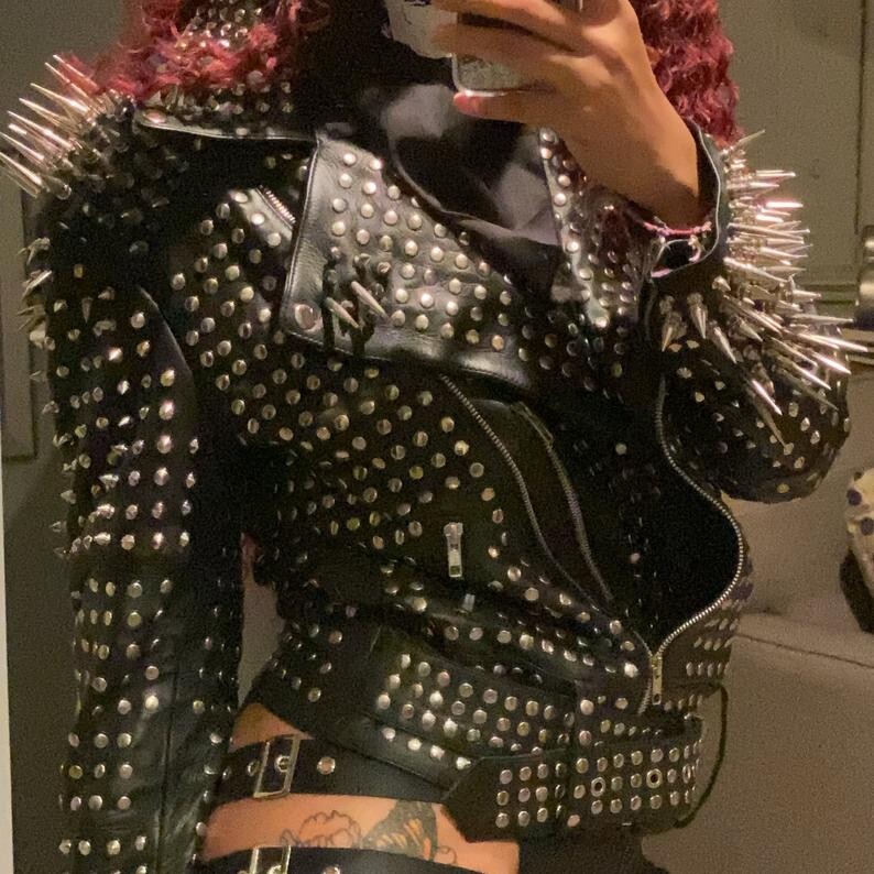 Pre-owned Handmade Men Women Punk Black Heavy Full Long Spiked Studded Motorcycle Leather Jacket