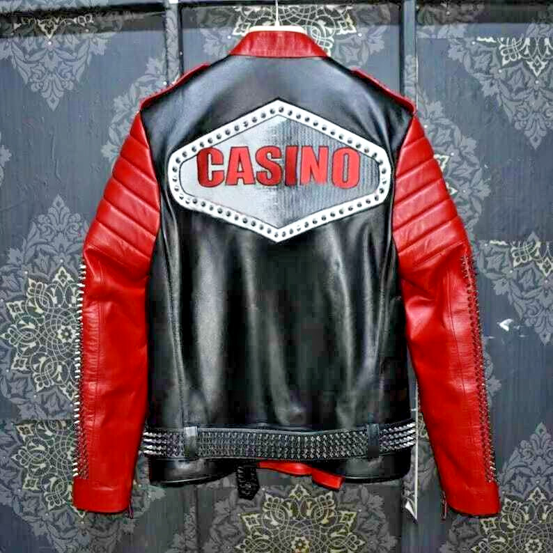 Pre-owned Handmade Men Designer Studded Printed Patch Rider Leather Jacket, Men Leather Jacket In Black And Red