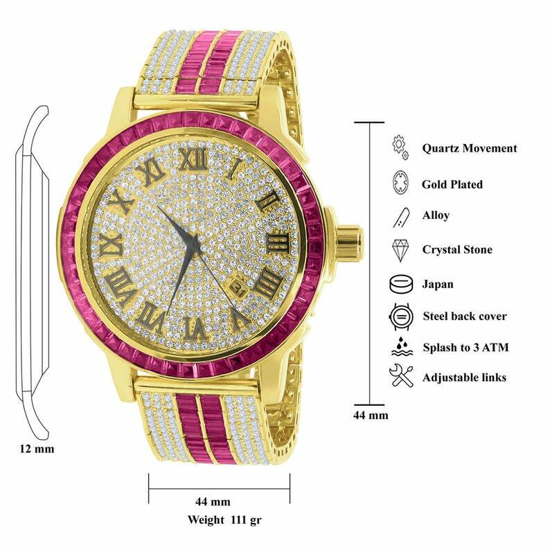 Pre-owned Ruby Red Roman Numeral Dial Gold Tone Simulate Diamond Solid Steel Bezel Watch
