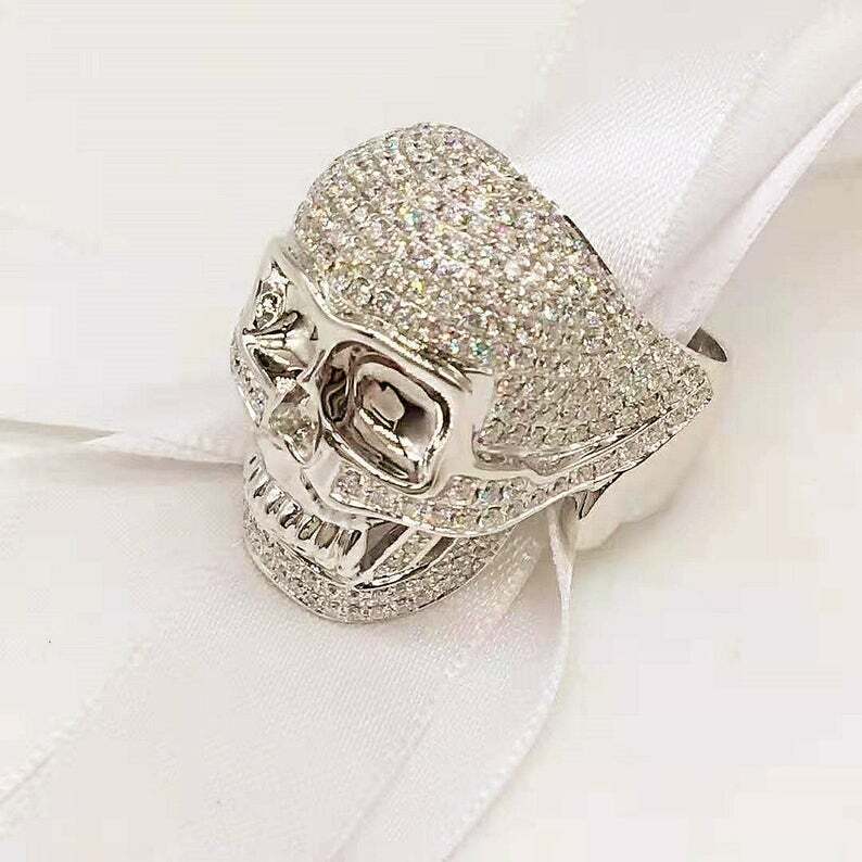 Pre-owned Online0369 Mens Skull Halloween Theme Ring 2ct Cubic Zirconia White Gold Plated Silver