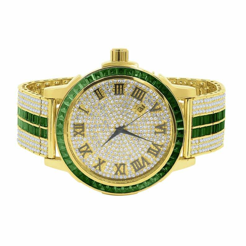 Pre-owned Ice House Emerald Green Roman Numeral Dial Simulate Diamond Solid Steel Bezel Custom Watch