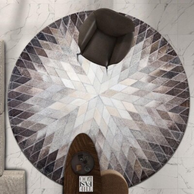 Round Cowhide Patchwork Rug Grey Beige White Cow Hide Leather Area Star Design