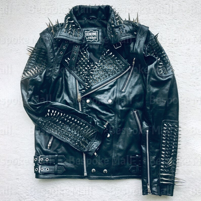 New Men's Spiked Studded Leather Jacket & Vest Two in One