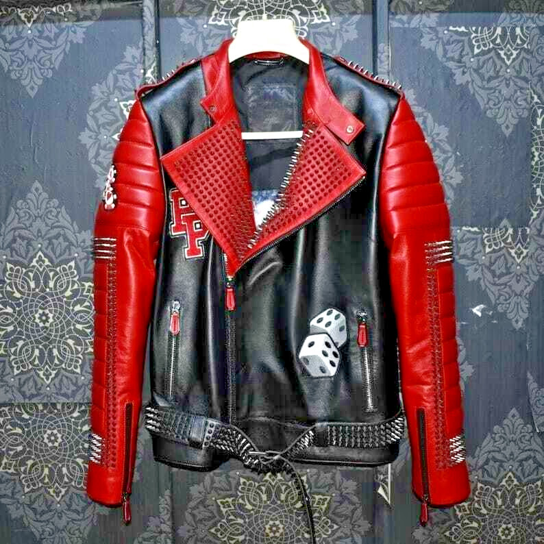 Pre-owned Handmade Men Designer Studded Printed Patch Rider Leather Jacket, Men Leather Jacket In Black And Red