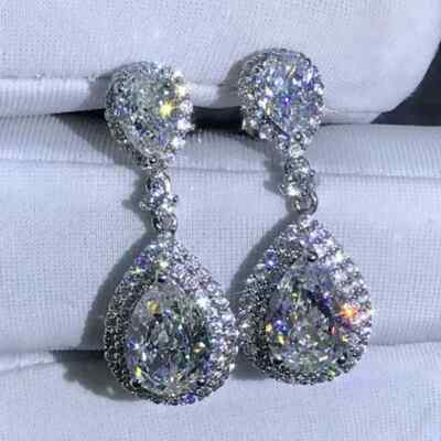 3Ct Pear Cut Lab-Created Diamond Teardrop Dangle Earrings 14K White Gold Plated