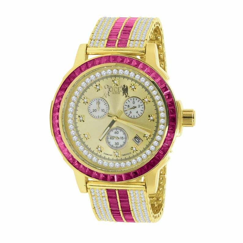 Pre-owned Ruby Red Goldtone Real Diamond Solid Steel Baguette Solitaire Bezel Custom Watch