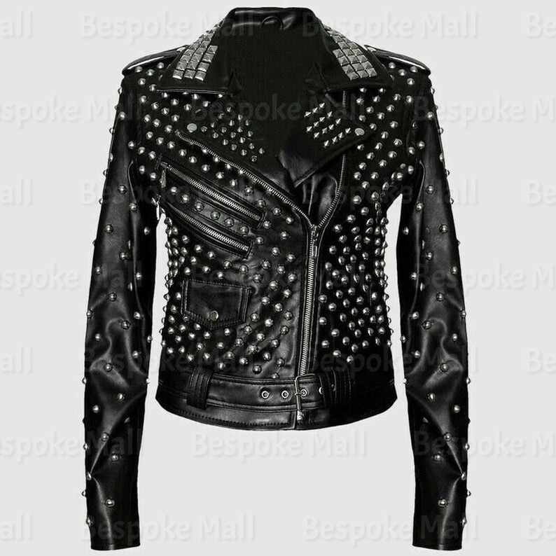Pre-owned Handmade Women's Brando Style Black Tonal Studded Punk Cowhide Leather Jacket-994