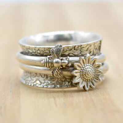 Sunflower and Bee Ring Spinner Sterling Silver Ring for Women Anxiety Ring AK853