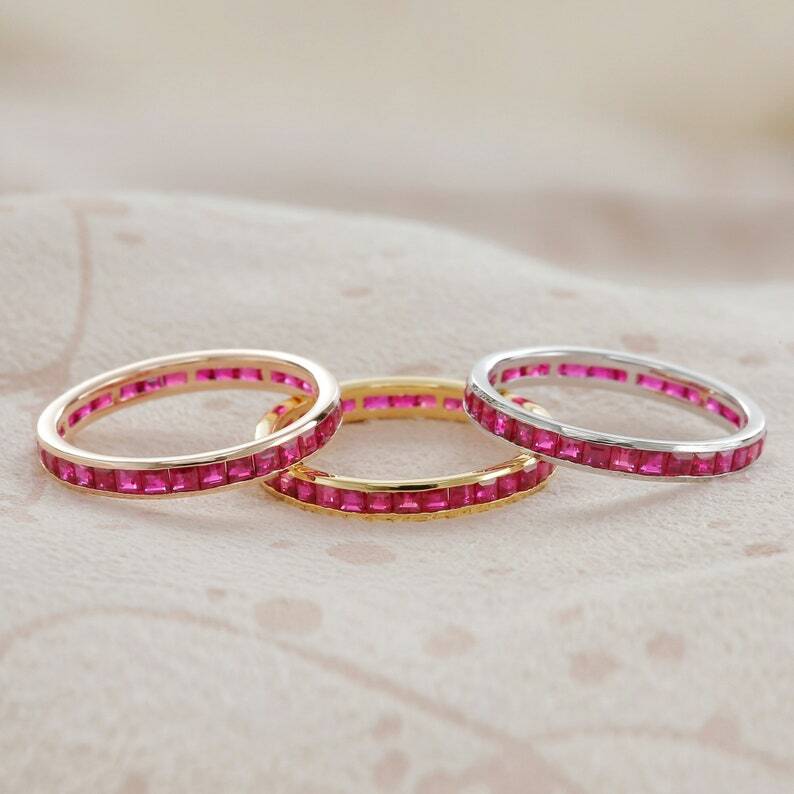 Pre-owned Handmade Ruby Full Eternity Band In Channel Setting / Vintage Stackable Gemstone Square In White