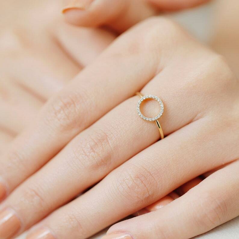 Pre-owned Handmade Open Circle Diamond Ring In 14k Solid Yellow Gold / Unique Diamond Ring For Gift In White