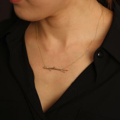 14K Solid Gold Branch Tree Twig Nature Wood Pendant Necklace