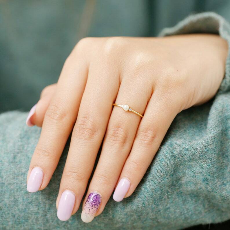 Pre-owned Handmade Opal Ring 14k Yellow Gold With Diamonds / Rose Gold Natural White Australian