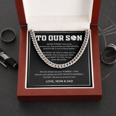 To Our Son Baseball Cuban Link Chain Necklace From Mom And Dad, Light Wood Box