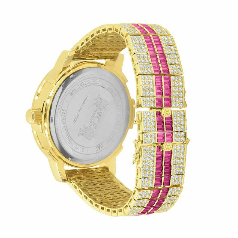 Pre-owned Ruby Red Goldtone Real Diamond Solid Steel Baguette Solitaire Bezel Custom Watch