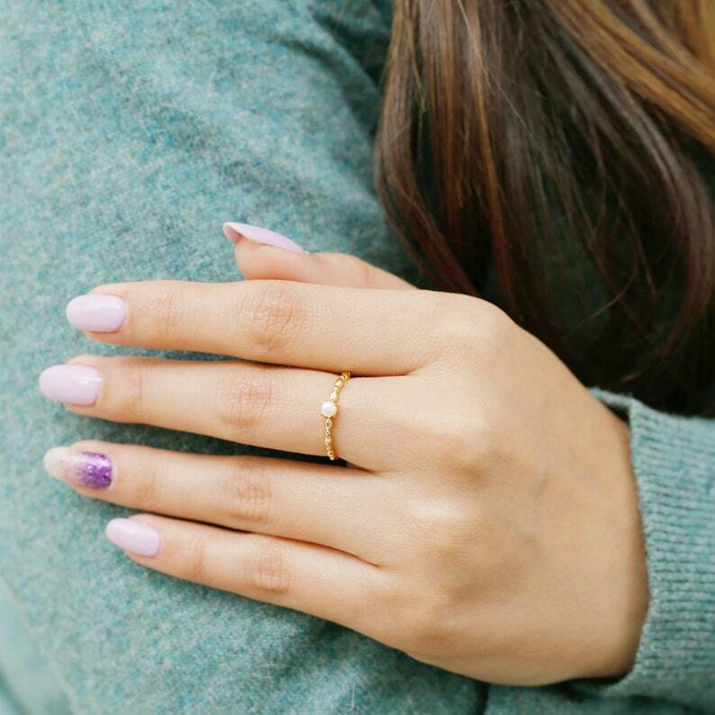 Pre-owned Handmade Pearl Ring In 14k Solid Yellow Gold / Fresh Water Pearl Art Deco June Birthstone In White