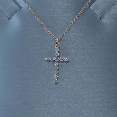 Pre-owned Nsg Solid 925 Silver Rose Gold Plated Lab Grown Diamond Cross Pendant Chain 18" In White