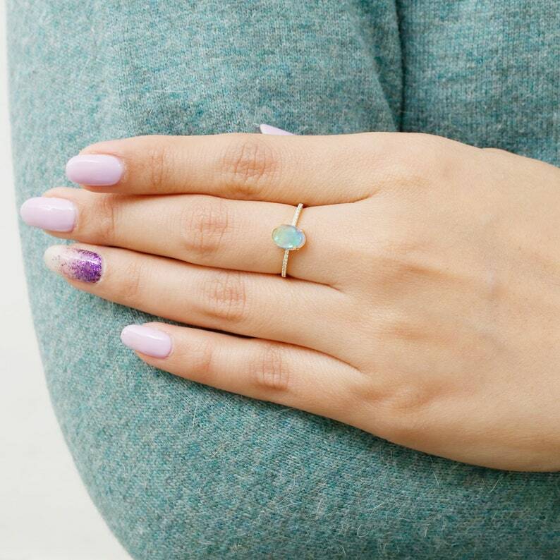 Pre-owned Handmade Opal Ring 14k Gold With Diamonds Eternity Band / Yellow Gold Natural White